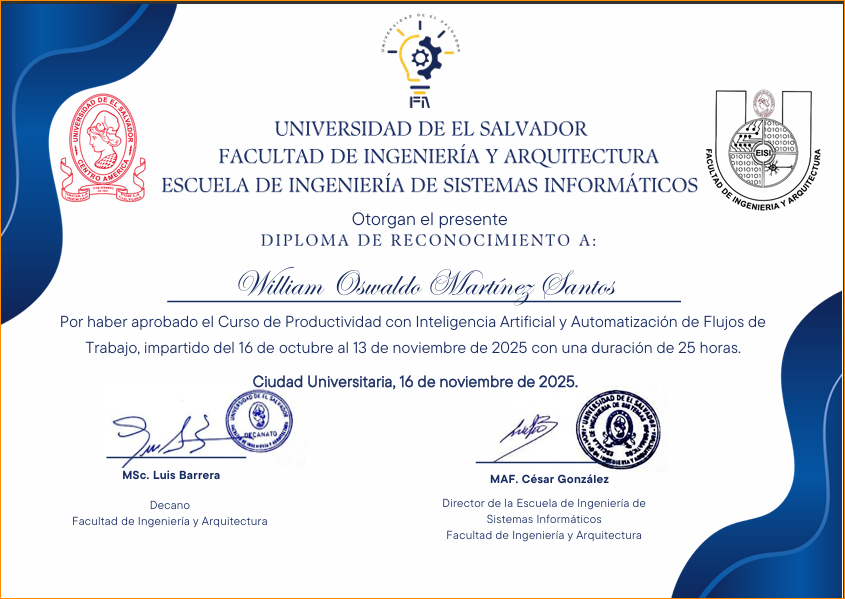 Diploma de productividad con Inteligencia Artificial y Automatización de Flujos de Trabajo otorgado a William Oswaldo Martínez Santos