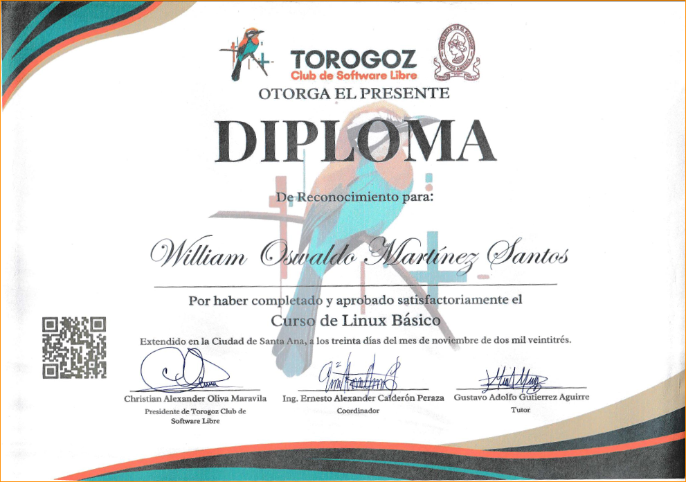 Diploma de Linux Básico otorgado a William Oswaldo Martínez Santos