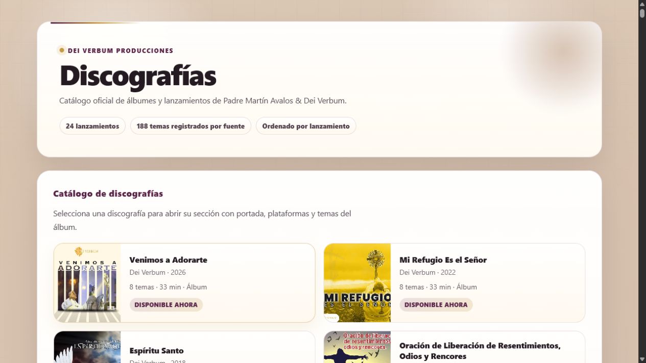 Vista web del módulo Music de Padre Martín Ávalos